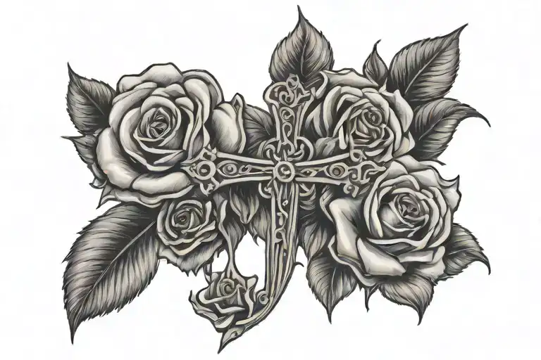 cross with roses and name written tattoo design idea
