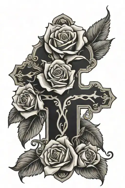 cross with roses and name written tattoo design idea