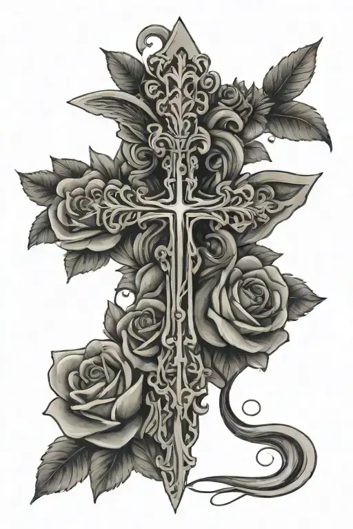 cross with roses and name written vertically The wings tattoo design idea