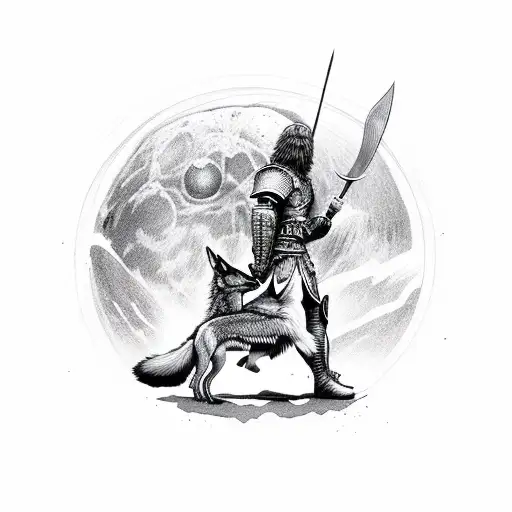 A Warrior holding a wolf in front of a mountain on a foggy full moon night tattoo design idea