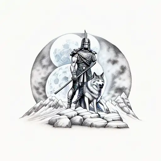 Spartan holding a wolf in front of a mountain on a foggy full moon night tattoo design idea