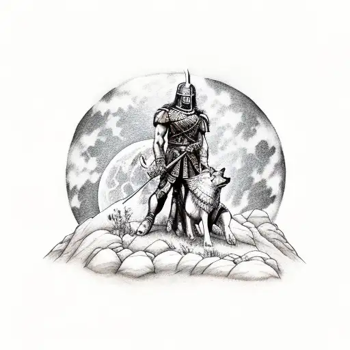 Spartan holding a wolf in front of a mountain on a foggy full moon night tattoo design idea