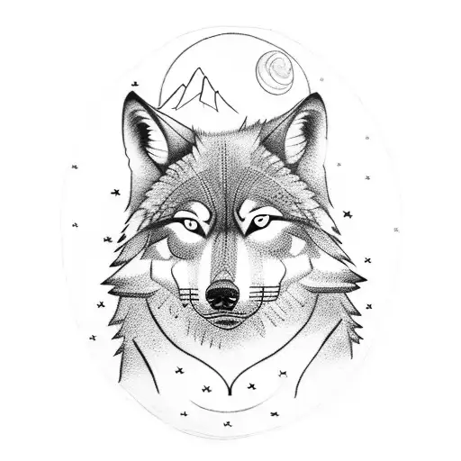 A Warrior holding a wolf in front of a mountain on a foggy full moon night tattoo design idea