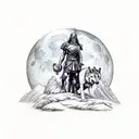 Spartan holding a wolf in front of a mountain on a foggy full moon night tattoo design idea