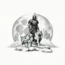 Spartan holding a wolf in front of a mountain on a foggy full moon night tattoo design idea