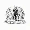Spartan holding a wolf in front of a mountain on a foggy full moon night tattoo design idea