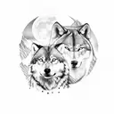 A Warrior holding a wolf in front of a mountain on a foggy full moon night tattoo design idea