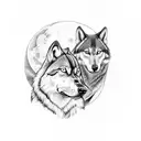 A Warrior holding a wolf in front of a mountain on a foggy full moon night tattoo design idea