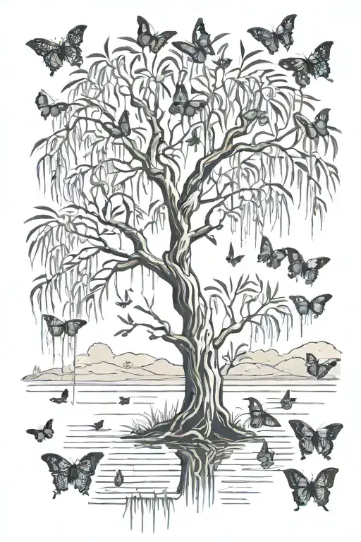 weeping willow tree with butterflies fluttering tattoo design idea