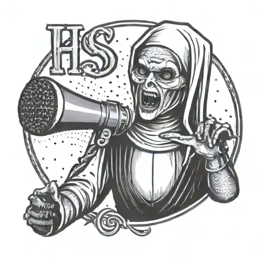 A sinister nun figure rapping into a vintage microphone, with the text 'HS' incorporated into the design tattoo design idea
