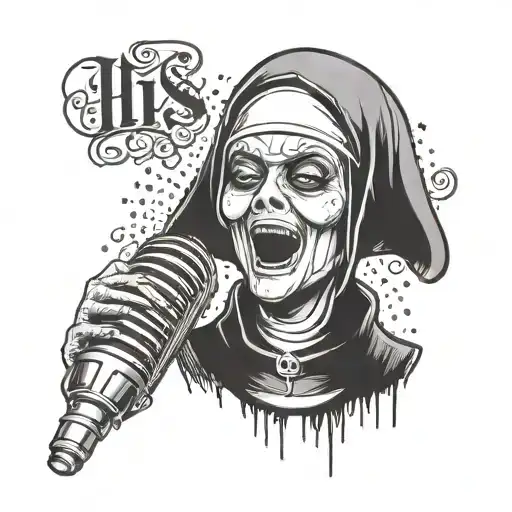 A sinister nun figure rapping into a vintage microphone, with the text 'HS' incorporated into the design tattoo design idea