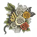 medusa and semi colon butterfly with roses tattoo design idea