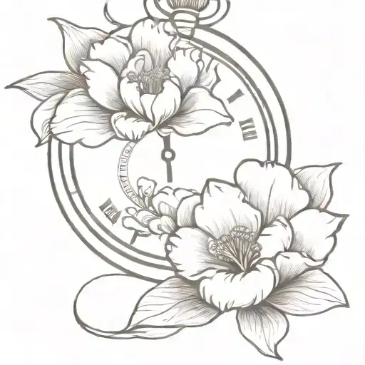 pocket watch's carnation snowdrop flower tattoo design idea