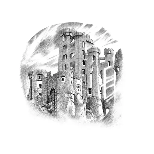A detailed sketch of a steam train emerging from the ruins of Corfe Castle tattoo design idea