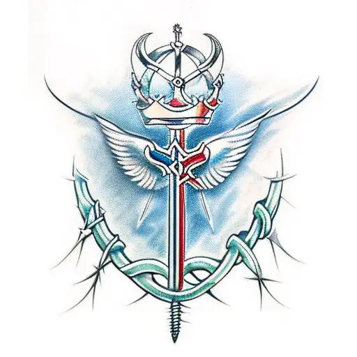 double helix crown of thorns sword with wings tattoo design idea