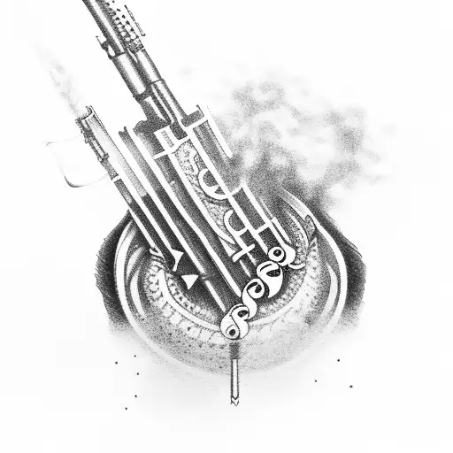 An AK-47 with musical notes as the smoke coming out of the barrel tattoo design idea