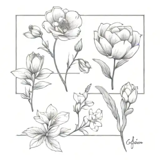 birth month flowers for February, April, June, September, simple, bouquet tattoo design idea