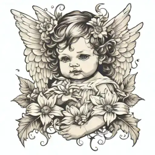 I want a baby boy angel with daisy's for my grandkids, try to incorperate them both. can be black and white or colour tattoo design idea