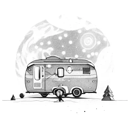 A caravan parked under the Northern Lights, with electronic symbols forming the aurora borealis tattoo design idea