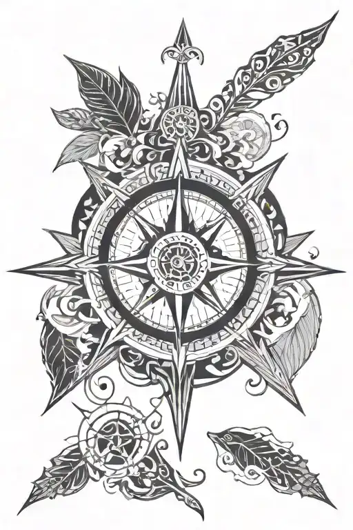 Mandala with leaves as sea waves  integrated with an old compass, a black pirate ship, and a "Carpe Diem" caligraphy. tattoo design idea