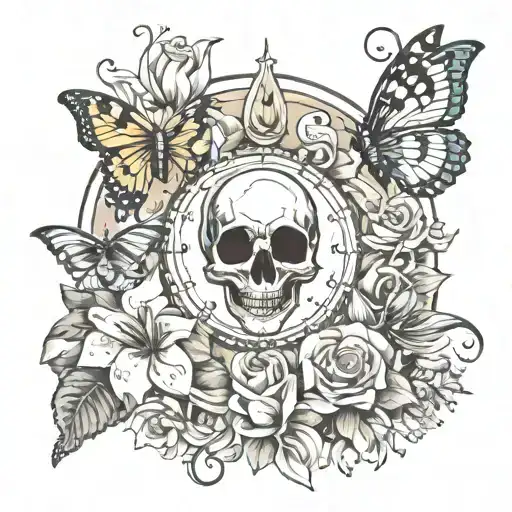 Make me a tattoo design, honey: cancer horoscope sign, moon, butterflies, lily and white rose with dream pincers tattoo design idea