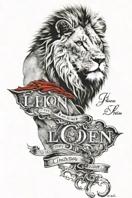 lion  with words written "chosen one" and "1 of 1" in red tattoo design idea