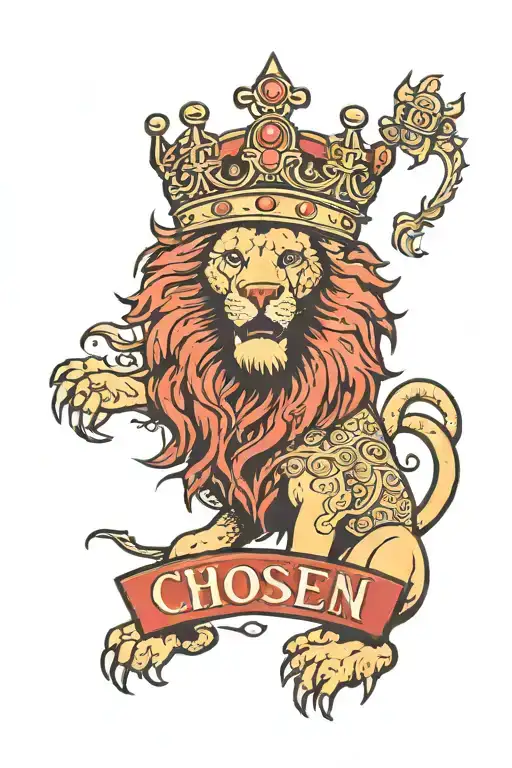 lion wearing a crown with words "chosen one" and "1 of 1" in red tattoo design idea