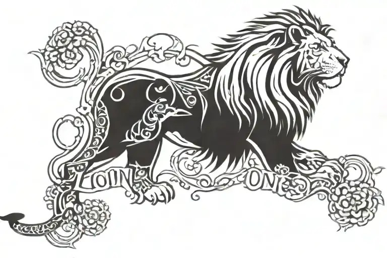 lion with words "chosen one" and "1 of 1" in red rose tattoo design idea