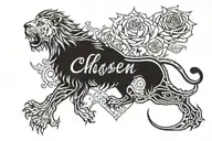 lion with words "chosen one" and "1 of 1" in red rose tattoo design idea