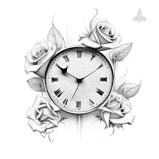 broken clock with rose and name tattoo design idea