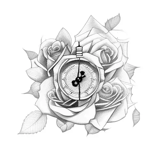 broken clock with rose and name tattoo design idea