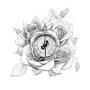 broken clock with rose and name tattoo design idea