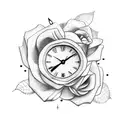 broken clock with rose and name tattoo design idea