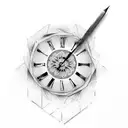 broken clock with rose and name tattoo design idea
