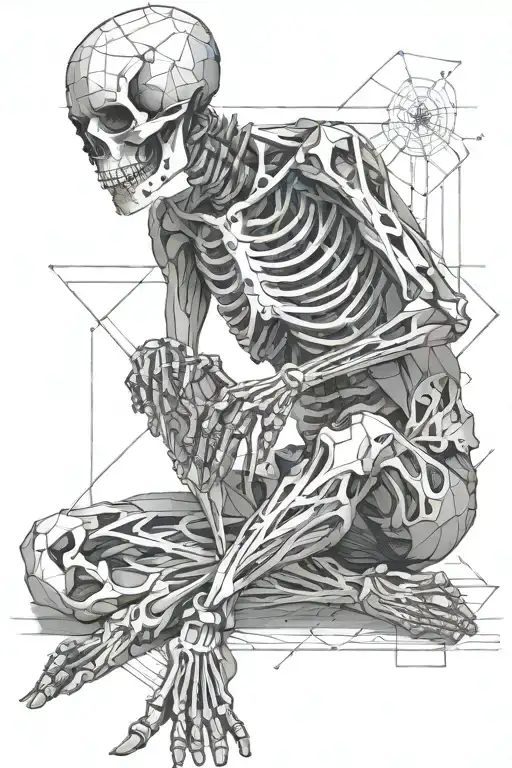 skeleton sitting cross legged finding inner peace in the middle of a chaotic storm tattoo design idea