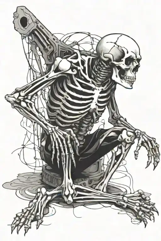 skeleton calmly sitting alone with chaos in the background  tattoo design idea