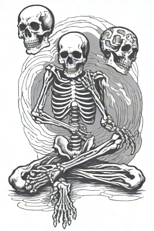 skeleton sitting cross legged finding inner peace in the middle of a chaotic storm tattoo design idea
