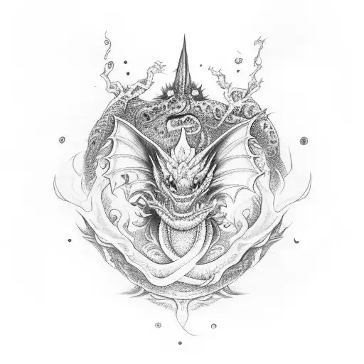 A Dragon around the eye of cosmos with great flame  tattoo design idea