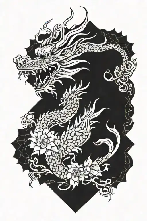 Asian dragon floral feminine  tattoo design idea