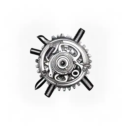 An industrial-inspired tattoo of a fishing hook with gears and mechanical elements tattoo design idea