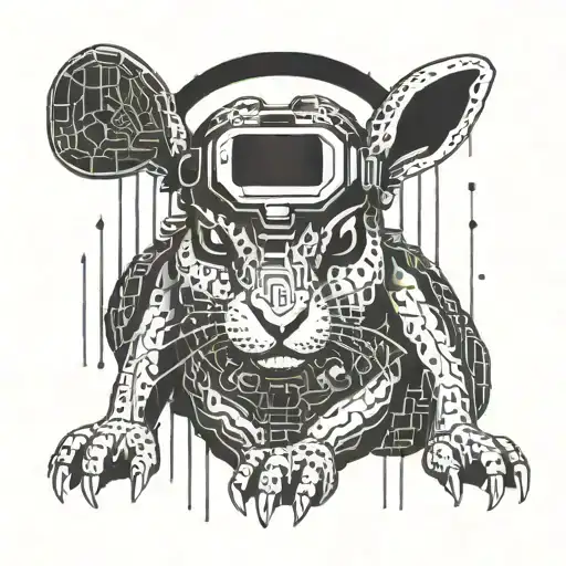 A futuristic rabbit wearing a virtual reality headset, surrounded by binary code representing the client's birthdate tattoo design idea