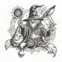 A mystical tattoo of a rabbit as a wizard casting a spell to travel back in time to the year 1999, with magical symbols and runes in the background tattoo design idea