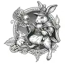 A mystical tattoo of a rabbit as a wizard casting a spell to travel back in time to the year 1999, with magical symbols and runes in the background tattoo design idea