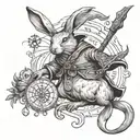 A mystical tattoo of a rabbit as a wizard casting a spell to travel back in time to the year 1999, with magical symbols and runes in the background tattoo design idea