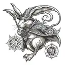 A mystical tattoo of a rabbit as a wizard casting a spell to travel back in time to the year 1999, with magical symbols and runes in the background tattoo design idea
