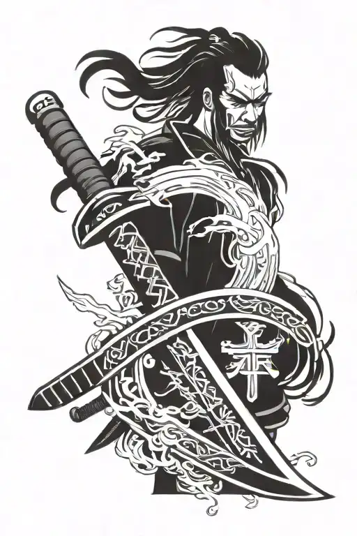 katana and tanto blade with kanji tattoo design idea