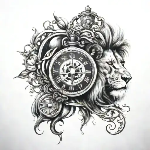Lion and compass with clock tattoo design idea