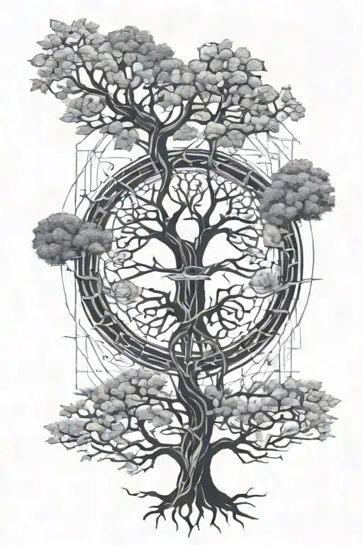 tree of life with rootsh showing birth, death and rebirth tattoo design idea