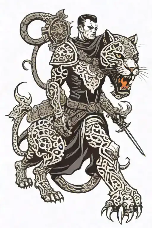 White Devil Soldier walking with a Black Panther  tattoo design idea