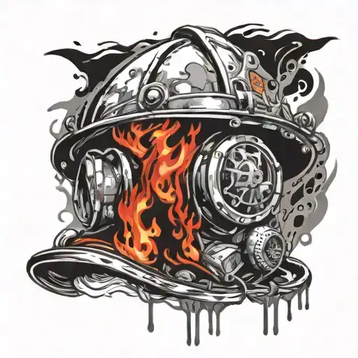 firefighter helmet engulfed in flames tattoo design idea